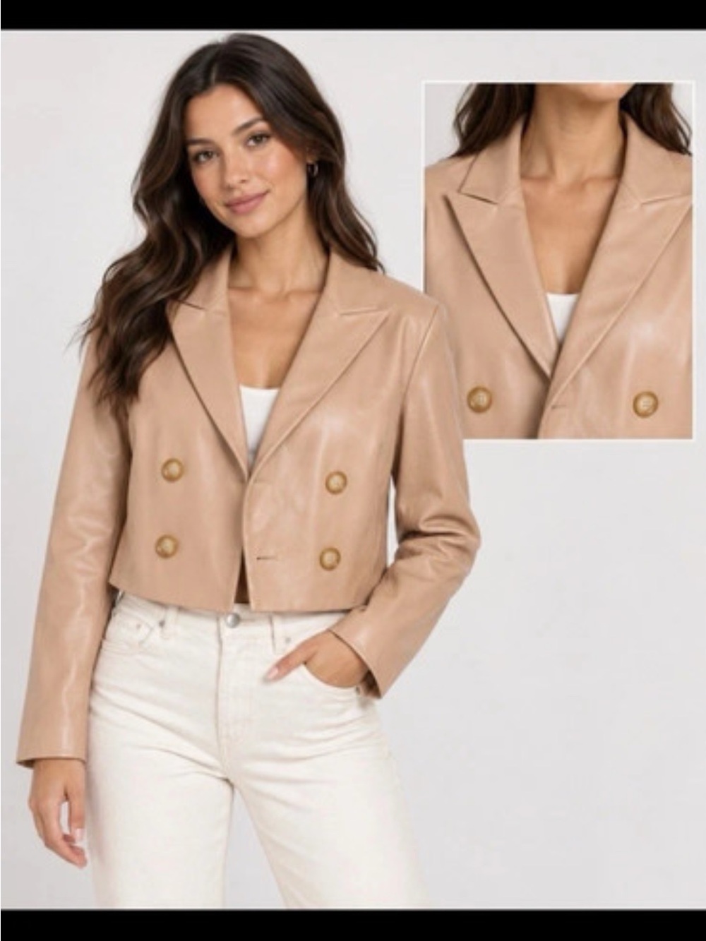 Catherine Malandrino Cropped Double-Breasted Blazer Jacket - Beige